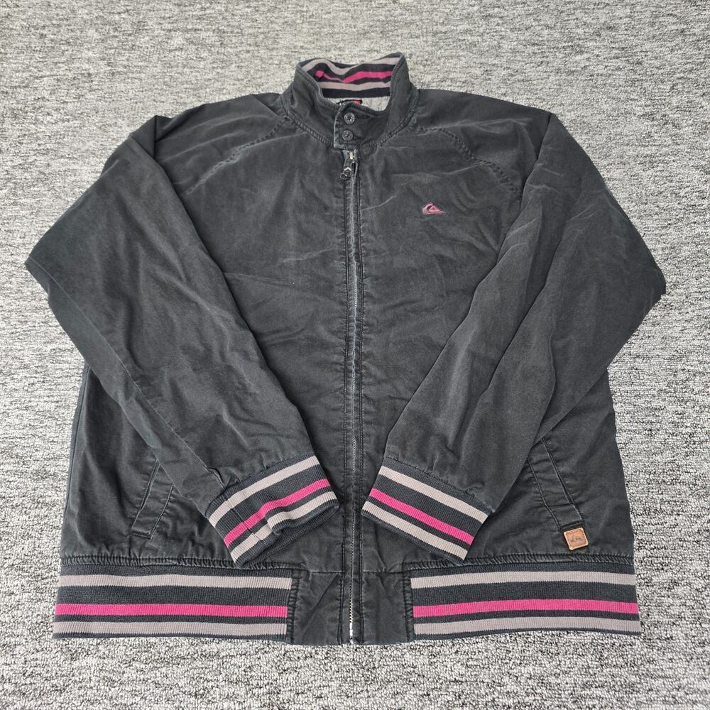 Quiksilver Zip Up Cotton Jacket Men's L Washed Charcoal Striped Trim Skate Y2K